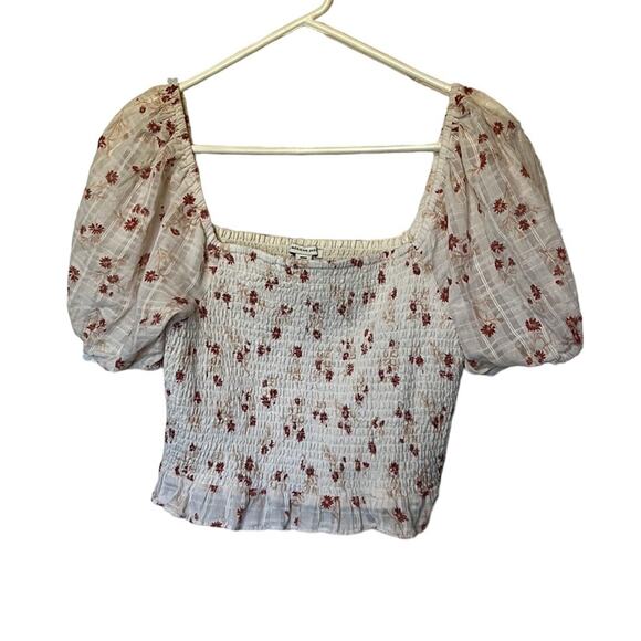 American Eagle Medium Oatmeal Floral Smock Puff Sleeve Crop Top - Picture 1 of 15